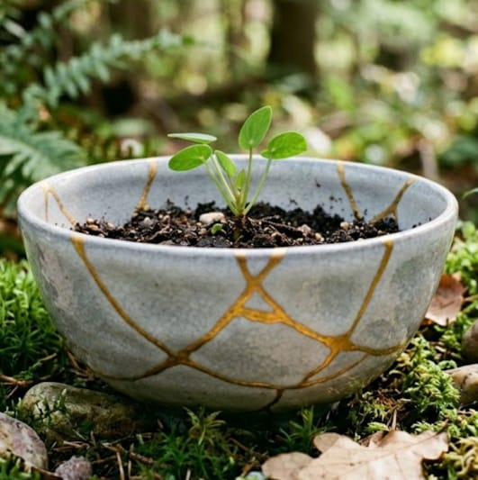 Kintsugi pottery with cracks repaired in gold